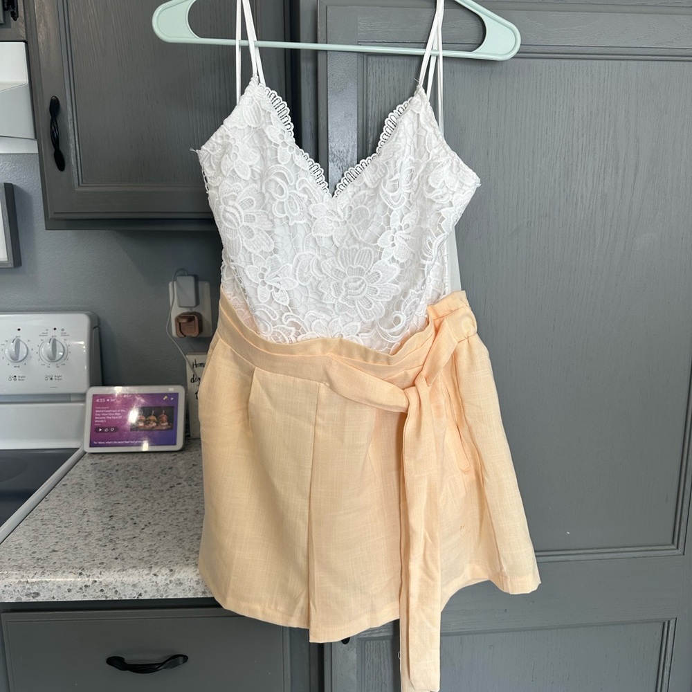 White Lace Romper with Peach Wrap